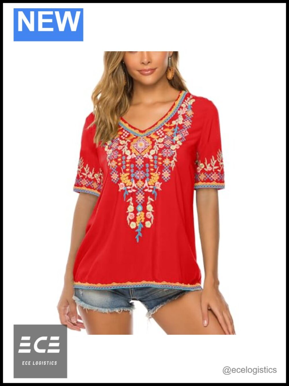 Womens Rayon Embroidered Boho Tunic Top V-Neck Short Sleeve Pullover